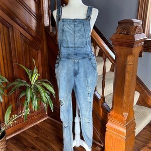 Zaful Light Blue Distressed Denim Overalls